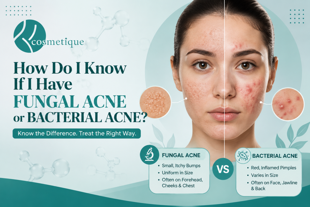 How Do I Know If I Have Fungal Acne or Bacterial Acne? Comparison of fungal acne and bacterial acne symptoms on facial skin with expert skincare guidance from Cosmetique Clinic.