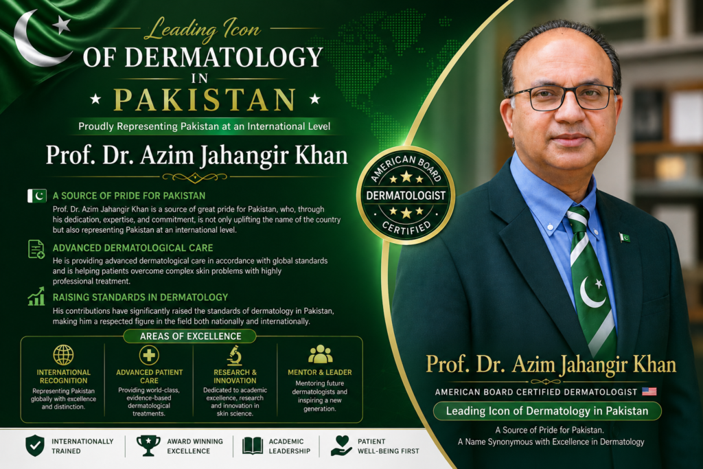 Prof. Dr. Azim Jahangir Khan – American Board Certified Dermatologist and leading icon of dermatology in Pakistan, recognized internationally for excellence in patient care, dermatology research, medical education, and leadership in advancing skin health standards.