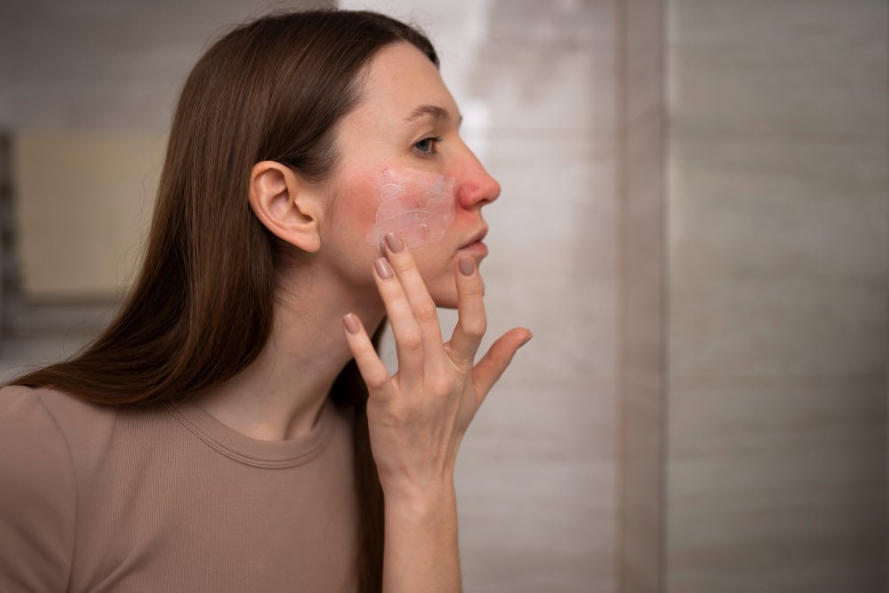 Skin specialist examining patient skin for diagnosis and treatment