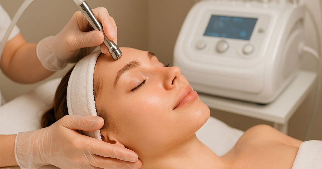 Specialist performing microdermabrasion treatment to improve skin texture.