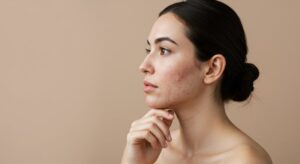 Skin specialist examining a patient with acne and recommending professional treatment
